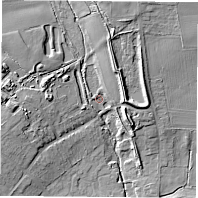 Shaded relief map of the ground around NG158EL, computed from Environment Agency LiDAR. The ground here sits at about 66 m above sea level and falls 16 m across the surrounding 800 m. Surface water reaching this point runs off ground lying to the north-north-east, 5.3 m higher.