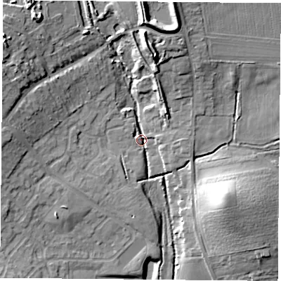 Shaded relief map of the ground around NG158ER, computed from Environment Agency LiDAR. The ground here sits at about 63 m above sea level and falls 17 m across the surrounding 800 m. Surface water reaching this point runs off ground lying to the north-west, 14.4 m higher.