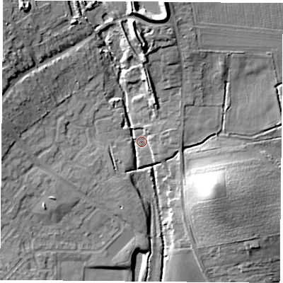 Shaded relief map of the ground around NG158EZ, computed from Environment Agency LiDAR. The ground here sits at about 62 m above sea level and falls 17 m across the surrounding 800 m. Surface water reaching this point runs off ground lying to the north-west, 13.3 m higher.