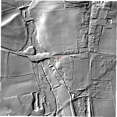 Shaded relief map of the ground around NG158FB, computed from Environment Agency LiDAR. The ground here sits at about 76 m above sea level and falls 26 m across the surrounding 800 m. Surface water reaching this point runs off ground lying to the north-east, 7.7 m higher.