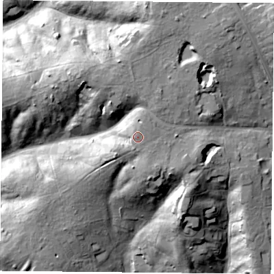 Shaded relief map of the ground around NG158GD, computed from Environment Agency LiDAR. The ground here sits at about 157 m above sea level and falls 32 m across the surrounding 800 m. Surface water reaching this point runs off ground lying to the north-north-east, 1.1 m higher.