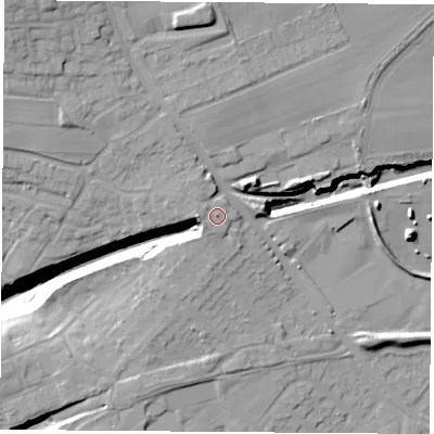 Shaded relief map of the ground around NG161HX, computed from Environment Agency LiDAR. The ground here sits at about 114 m above sea level and falls 32 m across the surrounding 800 m. Surface water reaching this point runs off ground lying to the west, 2.6 m higher.