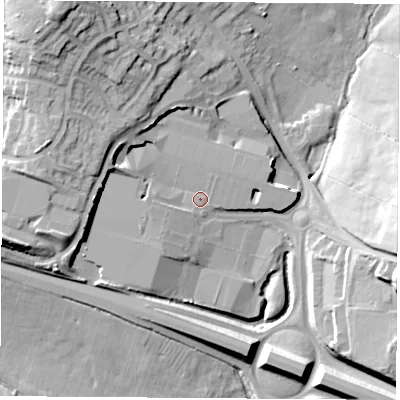 Shaded relief map of the ground around NG162RP, computed from Environment Agency LiDAR. The ground here sits at about 69 m above sea level and falls 27 m across the surrounding 800 m. Surface water reaching this point runs off ground lying to the west, 11.0 m higher.
