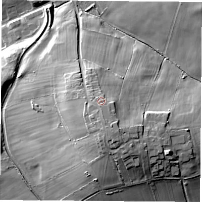 Shaded relief map of the ground around NG162RW, computed from Environment Agency LiDAR. The ground here sits at about 80 m above sea level and falls 33 m across the surrounding 800 m. Surface water reaching this point runs off ground lying to the south, 2.3 m higher.