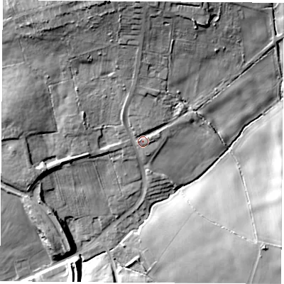 Shaded relief map of the ground around NG162RZ, computed from Environment Agency LiDAR. The ground here sits at about 63 m above sea level and falls 30 m across the surrounding 800 m. Surface water reaching this point runs off ground lying to the north, 17.7 m higher.
