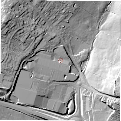 Shaded relief map of the ground around NG162UZ, computed from Environment Agency LiDAR. The ground here sits at about 69 m above sea level and falls 27 m across the surrounding 800 m. Surface water reaching this point runs off ground lying to the north-west, 17.2 m higher.