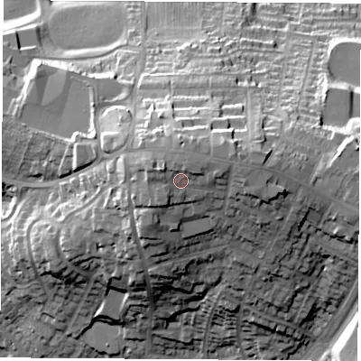 Shaded relief map of the ground around NG163BE, computed from Environment Agency LiDAR. The ground here sits at about 100 m above sea level and falls 33 m across the surrounding 800 m. Surface water reaching this point runs off ground lying to the north-east, 2.8 m higher.