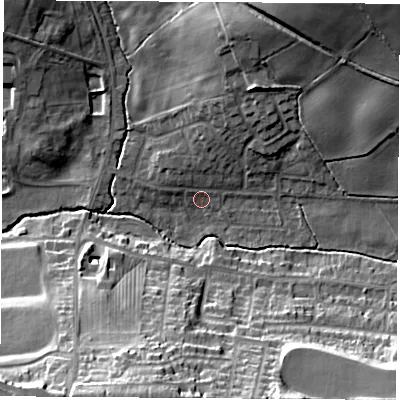 Shaded relief map of the ground around NG163DH, computed from Environment Agency LiDAR. The ground here sits at about 66 m above sea level and falls 28 m across the surrounding 800 m. Surface water reaching this point runs off ground lying to the north, 3.7 m higher.