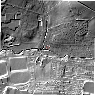 Shaded relief map of the ground around NG163DJ, computed from Environment Agency LiDAR. The ground here sits at about 66 m above sea level and falls 29 m across the surrounding 800 m. Surface water reaching this point runs off ground lying to the south, 27.1 m higher.
