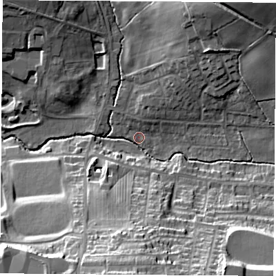 Shaded relief map of the ground around NG163DL, computed from Environment Agency LiDAR. The ground here sits at about 65 m above sea level and falls 31 m across the surrounding 800 m. Surface water reaching this point runs off ground lying to the south, 28.5 m higher.