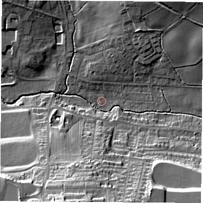 Shaded relief map of the ground around NG163DN, computed from Environment Agency LiDAR. The ground here sits at about 66 m above sea level and falls 33 m across the surrounding 800 m. Surface water reaching this point runs off ground lying to the south, 30.3 m higher.