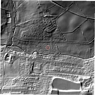 Shaded relief map of the ground around NG163DP, computed from Environment Agency LiDAR. The ground here sits at about 67 m above sea level and falls 31 m across the surrounding 800 m. Surface water reaching this point runs off ground lying to the north-north-east, 14.6 m higher.