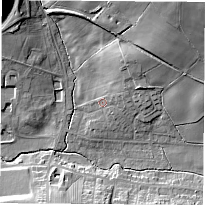 Shaded relief map of the ground around NG163DS, computed from Environment Agency LiDAR. The ground here sits at about 70 m above sea level and falls 28 m across the surrounding 800 m. Surface water reaching this point runs off ground lying to the north-east, 9.1 m higher.