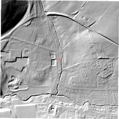 Shaded relief map of the ground around NG163DW, computed from Environment Agency LiDAR. The ground here sits at about 68 m above sea level and falls 55 m across the surrounding 800 m. Surface water reaching this point runs off ground lying to the south-south-west, 1.6 m higher.
