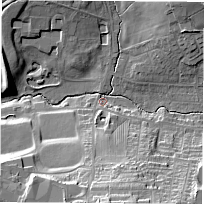 Shaded relief map of the ground around NG163DZ, computed from Environment Agency LiDAR. The ground here sits at about 66 m above sea level and falls 34 m across the surrounding 800 m. Surface water reaching this point runs off ground lying to the south-south-east, 31.7 m higher.