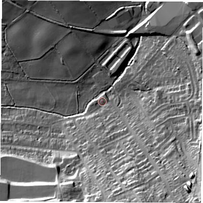 Shaded relief map of the ground around NG163PY, computed from Environment Agency LiDAR. The ground here sits at about 70 m above sea level and falls 38 m across the surrounding 800 m. Surface water reaching this point runs off ground lying to the south-south-east, 30.2 m higher.
