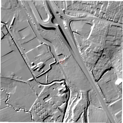 Shaded relief map of the ground around NG163RU, computed from Environment Agency LiDAR. The ground here sits at about 60 m above sea level and falls 33 m across the surrounding 800 m. Surface water reaching this point runs off ground lying to the north-east, 3.5 m higher.