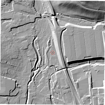 Shaded relief map of the ground around NG163RY, computed from Environment Agency LiDAR. The ground here sits at about 61 m above sea level and falls 32 m across the surrounding 800 m. Surface water reaching this point runs off ground lying to the north-north-east, 11.1 m higher.