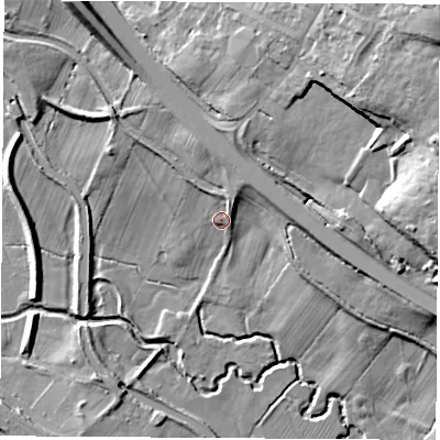 Shaded relief map of the ground around NG163TD, computed from Environment Agency LiDAR. The ground here sits at about 58 m above sea level and falls 40 m across the surrounding 800 m. Surface water reaching this point runs off ground lying to the north-north-east, 5.1 m higher.
