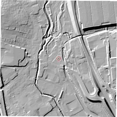 Shaded relief map of the ground around NG164AA, computed from Environment Agency LiDAR. The ground here sits at about 60 m above sea level and falls 16 m across the surrounding 800 m. Surface water reaching this point runs off ground lying to the south-south-east, 1.3 m higher.
