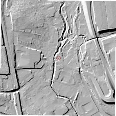Shaded relief map of the ground around NG164AD, computed from Environment Agency LiDAR. The ground here sits at about 60 m above sea level and falls 17 m across the surrounding 800 m. Surface water reaching this point runs off ground lying to the north-north-east, 1.0 m higher.