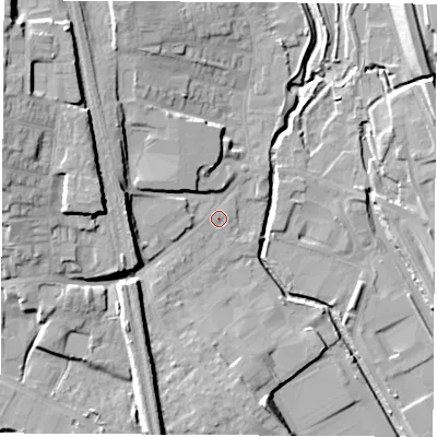 Shaded relief map of the ground around NG164AE, computed from Environment Agency LiDAR. The ground here sits at about 60 m above sea level and falls 21 m across the surrounding 800 m. Surface water reaching this point runs off ground lying to the west-north-west, 15.8 m higher.
