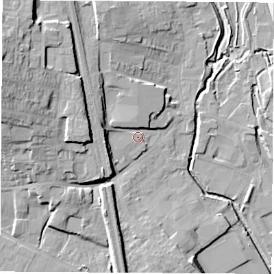 Shaded relief map of the ground around NG164AF, computed from Environment Agency LiDAR. The ground here sits at about 62 m above sea level and falls 25 m across the surrounding 800 m. Surface water reaching this point runs off ground lying to the west-north-west, 19.4 m higher.