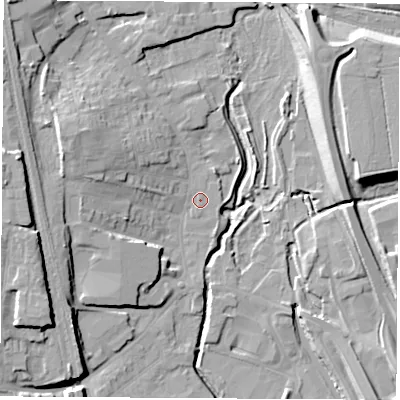 Shaded relief map of the ground around NG164AJ, computed from Environment Agency LiDAR. The ground here sits at about 60 m above sea level and falls 17 m across the surrounding 800 m. Surface water reaching this point runs off ground lying to the north-west, 10.7 m higher.