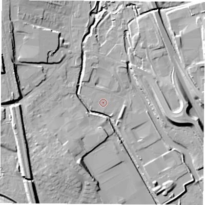 Shaded relief map of the ground around NG164AN, computed from Environment Agency LiDAR. The ground here sits at about 59 m above sea level and falls 17 m across the surrounding 800 m. The ground contributing surface water to this point lies to the south-east.