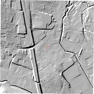 Shaded relief map of the ground around NG164AQ, computed from Environment Agency LiDAR. The ground here sits at about 60 m above sea level and falls 22 m across the surrounding 800 m. Surface water reaching this point runs off ground lying to the south, 3.5 m higher.