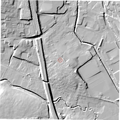 Shaded relief map of the ground around NG164AR, computed from Environment Agency LiDAR. The ground here sits at about 63 m above sea level and falls 21 m across the surrounding 800 m. Surface water reaching this point runs off ground lying to the south-east, 2.4 m higher.