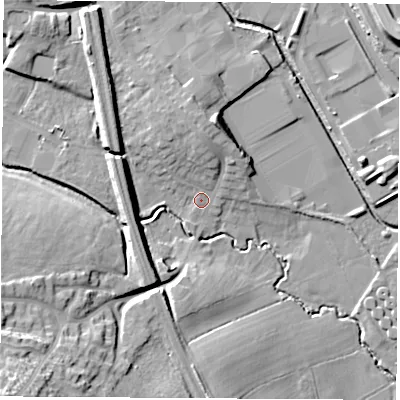Shaded relief map of the ground around NG164AW, computed from Environment Agency LiDAR. The ground here sits at about 59 m above sea level and falls 29 m across the surrounding 800 m. Surface water reaching this point runs off ground lying to the south-west, 27.3 m higher.