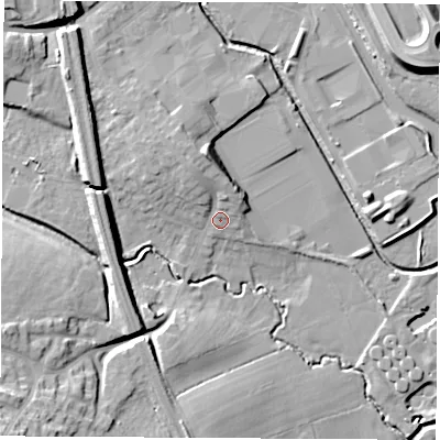 Shaded relief map of the ground around NG164AY, computed from Environment Agency LiDAR. The ground here sits at about 60 m above sea level and falls 23 m across the surrounding 800 m. Surface water reaching this point runs off ground lying to the north-north-west, 6.7 m higher.