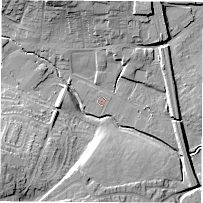 Shaded relief map of the ground around NG164BE, computed from Environment Agency LiDAR. The ground here sits at about 60 m above sea level and falls 28 m across the surrounding 800 m. Surface water reaching this point runs off ground lying to the west, 8.5 m higher.