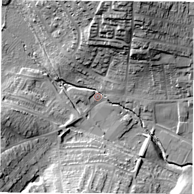 Shaded relief map of the ground around NG164BG, computed from Environment Agency LiDAR. The ground here sits at about 61 m above sea level and falls 32 m across the surrounding 800 m. Surface water reaching this point runs off ground lying to the north-north-east, 30.5 m higher.