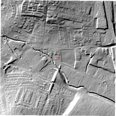 Shaded relief map of the ground around NG164BN, computed from Environment Agency LiDAR. The ground here sits at about 60 m above sea level and falls 28 m across the surrounding 800 m. Surface water reaching this point runs off ground lying to the north-north-west, 2.2 m higher.