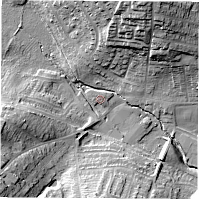 Shaded relief map of the ground around NG164BR, computed from Environment Agency LiDAR. The ground here sits at about 62 m above sea level and falls 32 m across the surrounding 800 m. Surface water reaching this point runs off ground lying to the west-south-west, 2.3 m higher.