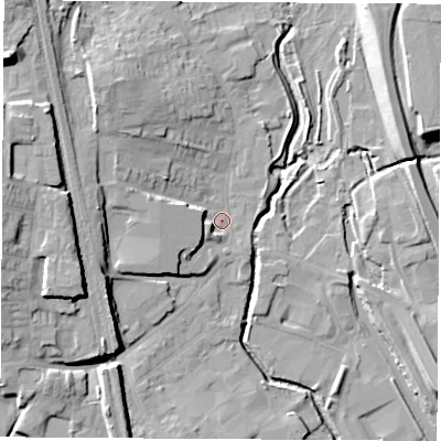 Shaded relief map of the ground around NG164ED, computed from Environment Agency LiDAR. The ground here sits at about 60 m above sea level and falls 20 m across the surrounding 800 m. Surface water reaching this point runs off ground lying to the west, 5.4 m higher.
