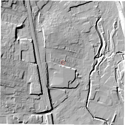 Shaded relief map of the ground around NG164EE, computed from Environment Agency LiDAR. The ground here sits at about 63 m above sea level and falls 24 m across the surrounding 800 m. Surface water reaching this point runs off ground lying to the west-north-west, 3.9 m higher.