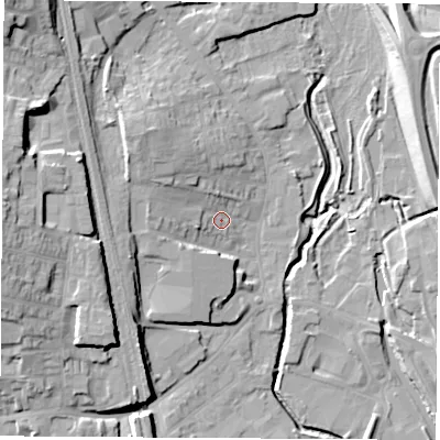 Shaded relief map of the ground around NG164EG, computed from Environment Agency LiDAR. The ground here sits at about 61 m above sea level and falls 21 m across the surrounding 800 m. Surface water reaching this point runs off ground lying to the north-west, 8.2 m higher.