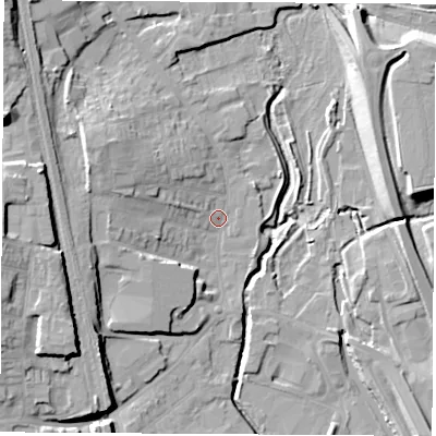 Shaded relief map of the ground around NG164EH, computed from Environment Agency LiDAR. The ground here sits at about 60 m above sea level and falls 19 m across the surrounding 800 m. Surface water reaching this point runs off ground lying to the west-north-west, 9.3 m higher.