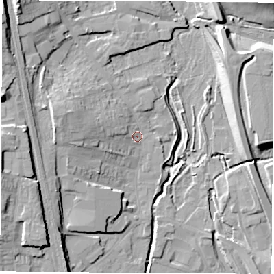 Shaded relief map of the ground around NG164EL, computed from Environment Agency LiDAR. The ground here sits at about 61 m above sea level and falls 19 m across the surrounding 800 m. Surface water reaching this point runs off ground lying to the west-north-west, 4.2 m higher.