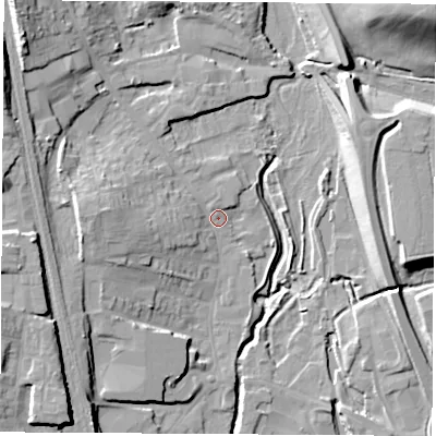 Shaded relief map of the ground around NG164EW, computed from Environment Agency LiDAR. The ground here sits at about 61 m above sea level and falls 28 m across the surrounding 800 m. Surface water reaching this point runs off ground lying to the north-west, 14.7 m higher.