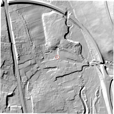 Shaded relief map of the ground around NG164HP, computed from Environment Agency LiDAR. The ground here sits at about 61 m above sea level and falls 47 m across the surrounding 800 m. Surface water reaching this point runs off ground lying to the west-north-west, 7.7 m higher.
