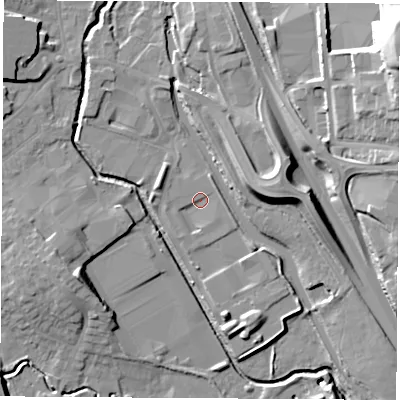 Shaded relief map of the ground around NG164HY, computed from Environment Agency LiDAR. The ground here sits at about 58 m above sea level and falls 27 m across the surrounding 800 m. Surface water reaching this point runs off ground lying to the north-east, 2.0 m higher.