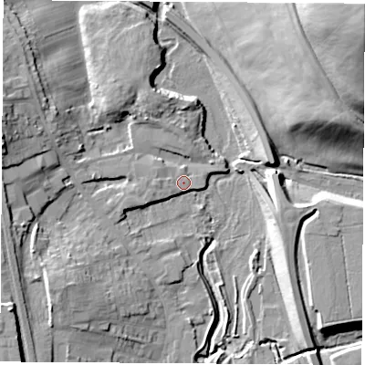 Shaded relief map of the ground around NG164JE, computed from Environment Agency LiDAR. The ground here sits at about 62 m above sea level and falls 60 m across the surrounding 800 m. Surface water reaching this point runs off ground lying to the west-south-west, 1.8 m higher.