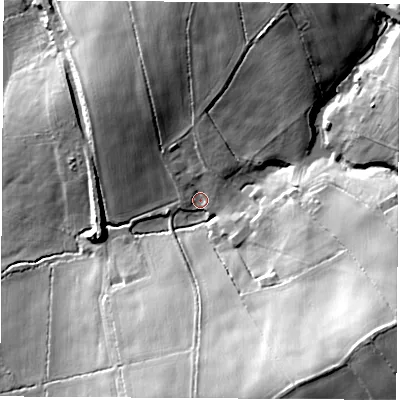 Shaded relief map of the ground around NG165BJ, computed from Environment Agency LiDAR. The ground here sits at about 73 m above sea level and falls 39 m across the surrounding 800 m. Surface water reaching this point runs off ground lying to the south-east, 32.4 m higher.