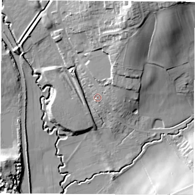 Shaded relief map of the ground around NG165HS, computed from Environment Agency LiDAR. The ground here sits at about 75 m above sea level and falls 31 m across the surrounding 800 m. Surface water reaching this point runs off ground lying to the north-east, 6.6 m higher.