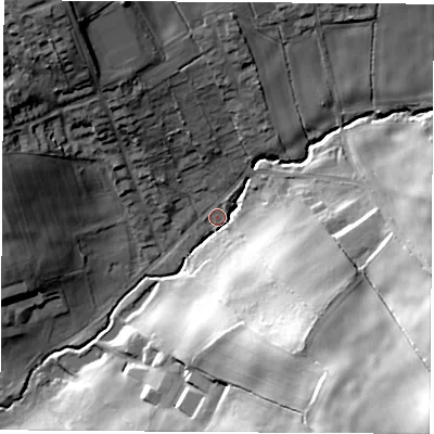 Shaded relief map of the ground around NG165HX, computed from Environment Agency LiDAR. The ground here sits at about 76 m above sea level and falls 51 m across the surrounding 800 m. Surface water reaching this point runs off ground lying to the south-east, 47.2 m higher.
