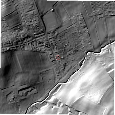 Shaded relief map of the ground around NG165JA, computed from Environment Agency LiDAR. The ground here sits at about 80 m above sea level and falls 42 m across the surrounding 800 m. Surface water reaching this point runs off ground lying to the north-north-west, 16.9 m higher.